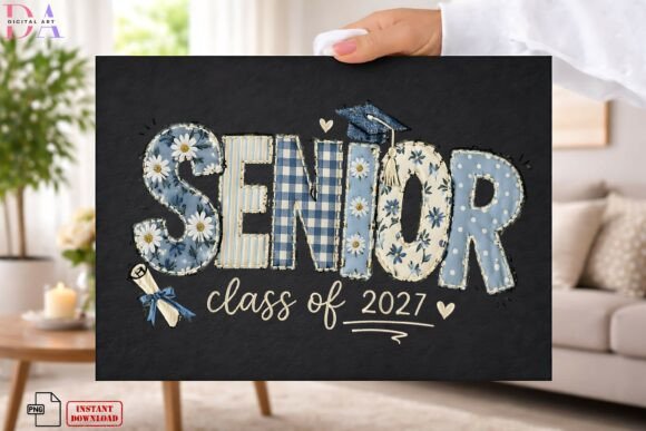 Celebrate Senior 2027 with a Vintage Blue Floral Patch PNG