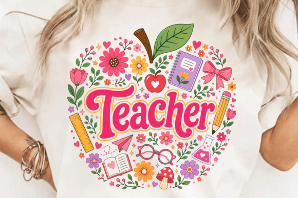 Retro Floral Teacher PNG: A Design Asset for Educator Branding